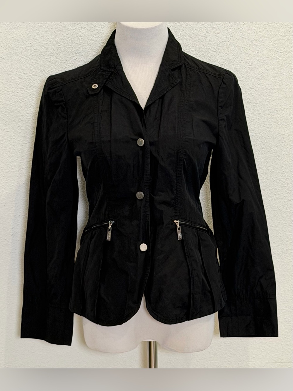 Armani Collezioni Waterproof Jacket Women’s 8 Black Metallic Rain Coat Pockets